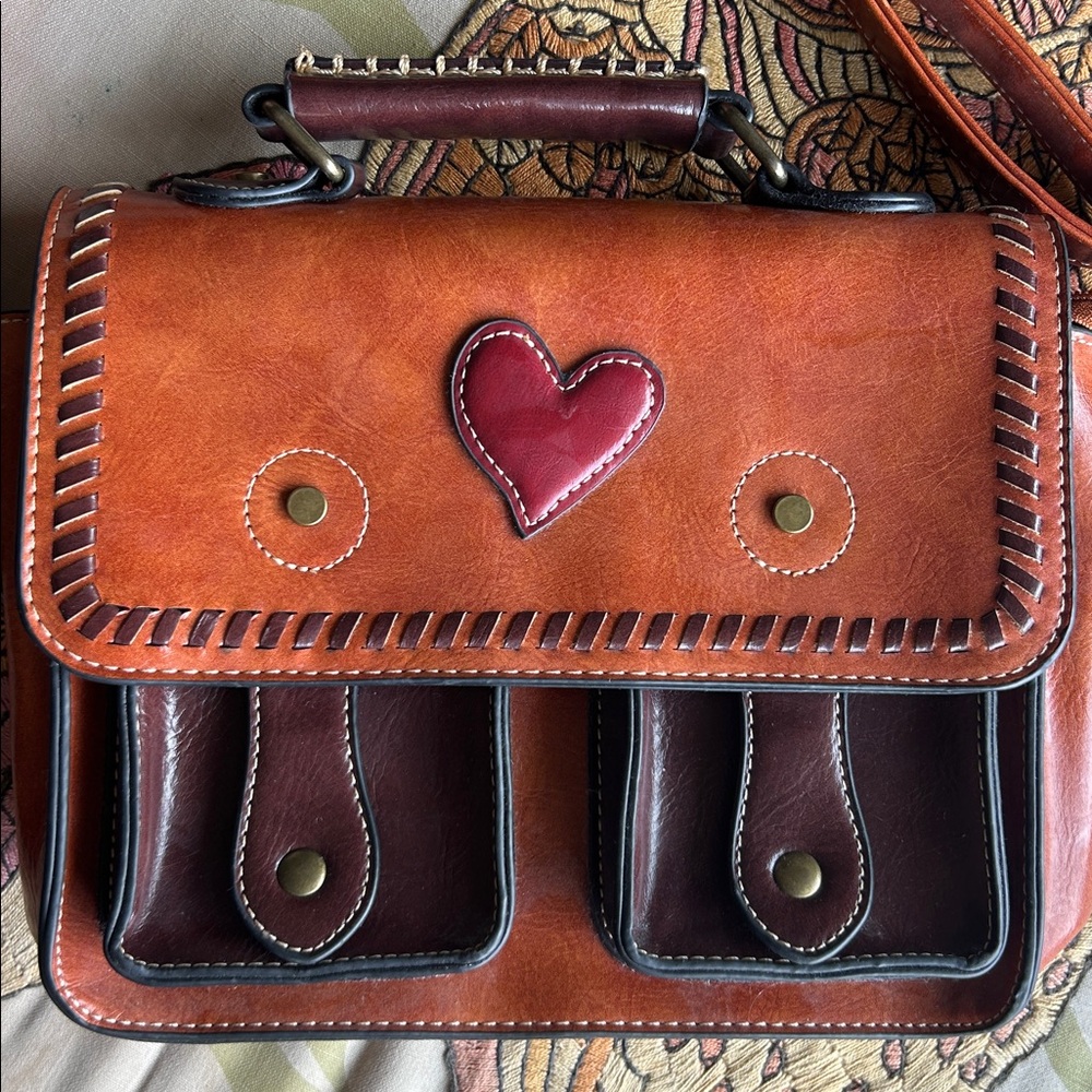 Heart Accent Faux Leather Shoulder Bag - Tan, Brown and Red - Picture 2 of 7